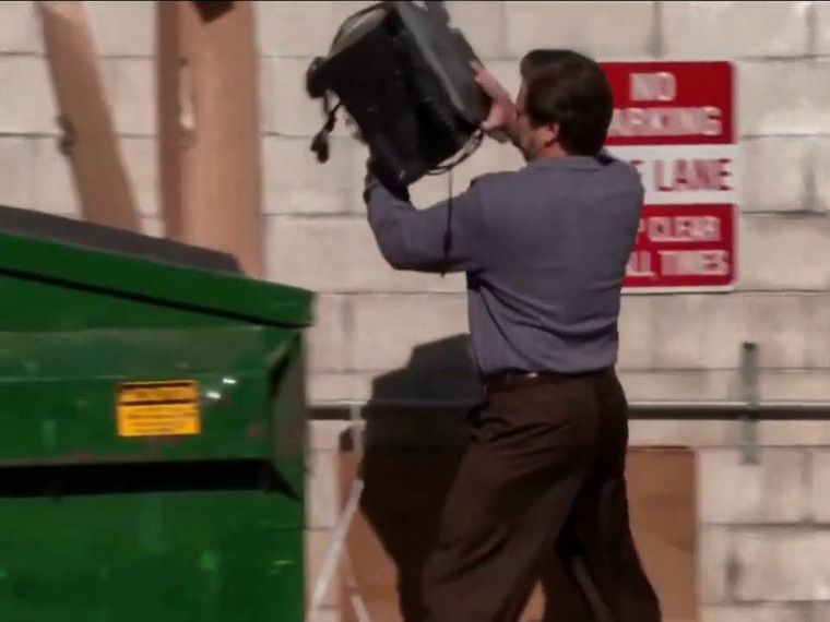 Image of man tossing computer into dumpster, from Parks & Recreation