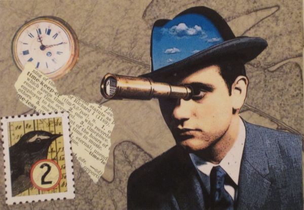 Stamp, clock, newspaper, man in hat looking through telescope